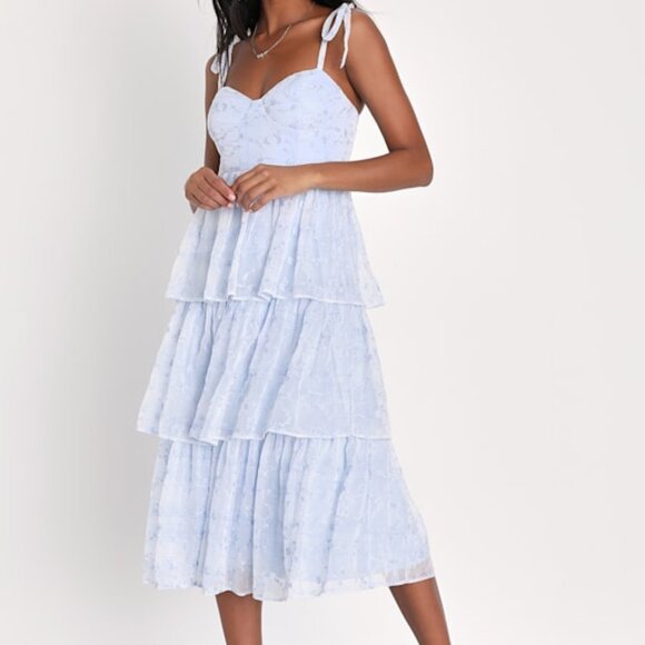 Lulus Dresses & Skirts - Lulus Vineyard Visit Blue Embroidered Tie-strap Tiered Midi Dress - Size S
